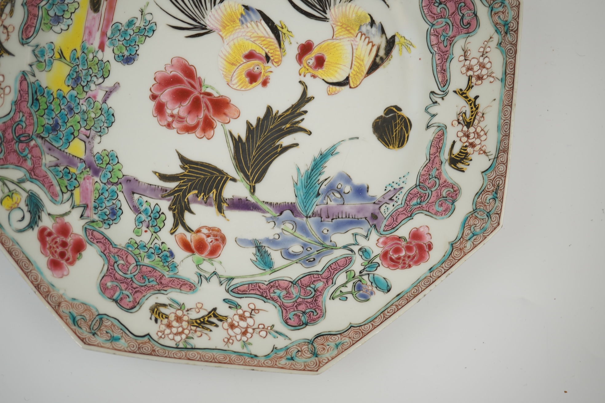 A Chinese famille rose ‘cockerel’ octagonal plate, Yongzheng period